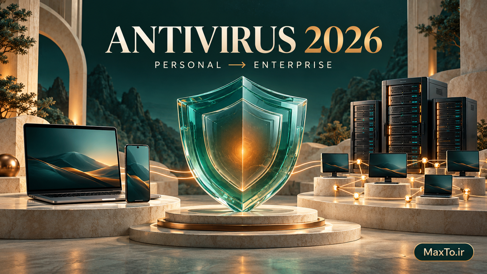 سپر شیشه‌ای میان لپ‌تاپ شخصی و سرورهای سازمانی با نوشته ANTIVIRUS 2026 و نشانی MaxTo.ir
