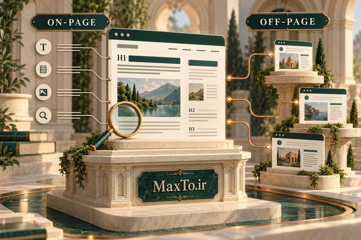 تصویر مفهومی سئوی داخلی با ساختار یک صفحه و سئوی خارجی با ارجاع سایت‌های مرتبط؛ MaxTo.ir