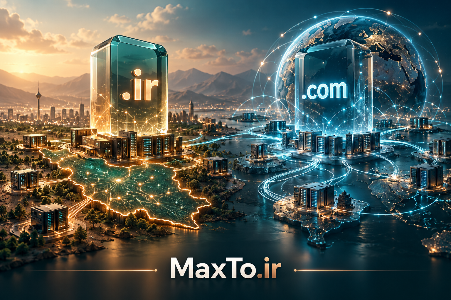 مقایسه مفهومی دامنه‌های ir و com با شبکه داخلی، کره زمین و سرورها؛ MaxTo.ir