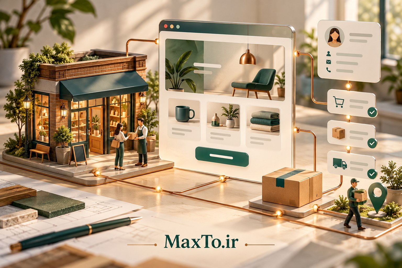 تصویر مفهومی اتصال فروشگاه، وب‌سایت و فرایندهای ارتباط با مشتری با نشانی MaxTo.ir