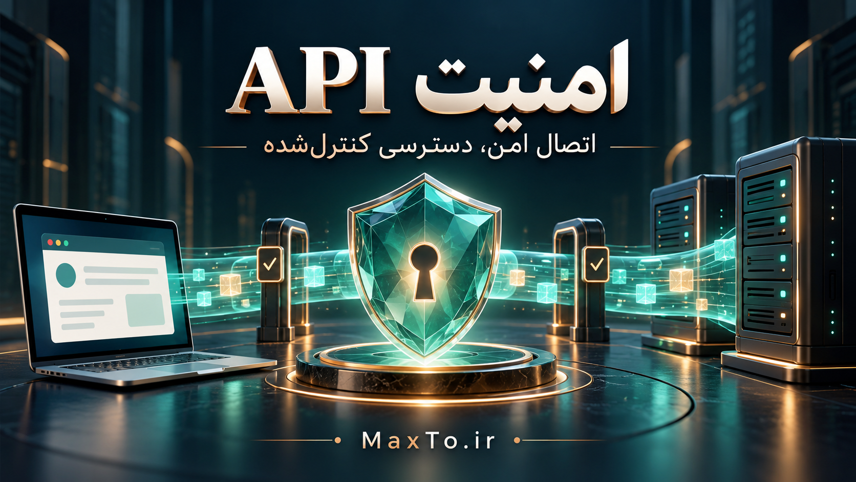 تصویر مفهومی اتصال ایمن API با سپر شیشه‌ای، دروازه‌های سرور و نشانی MaxTo.ir